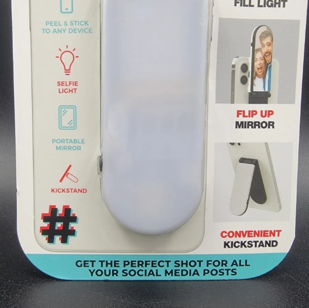 Stick On Selfie Light with Mirror & Kickstand Rechargeable 3 Led Light Modes New